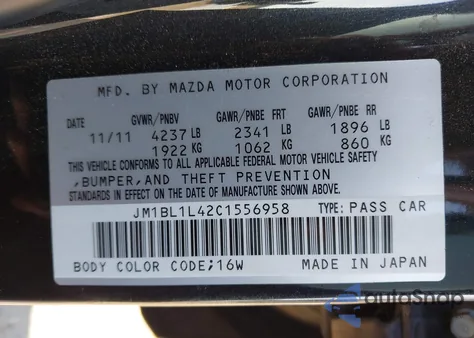 2012 Mazda Mazdaspeed3 Touring from USA, damaged, VIN JM1BL1L42C1556958